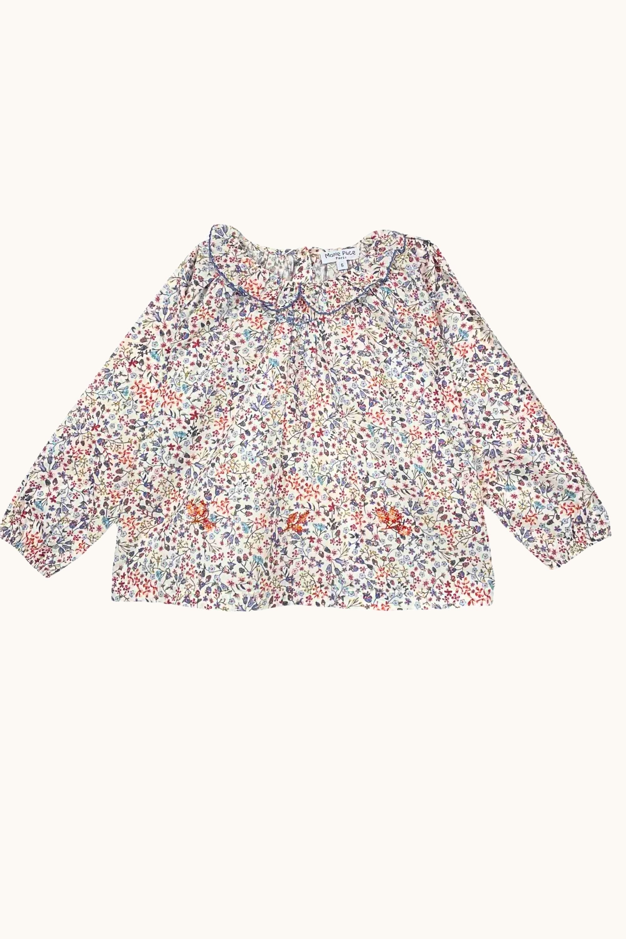【Marie Puce】Blouse Olympe en Liberty Donna Leigh Bleu