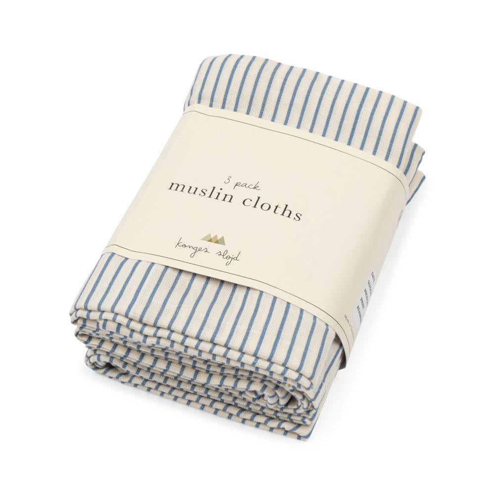 【Konges Sløjd】3 PACK MUSLIN CLOTH GOTS - STRIPE BLUIE